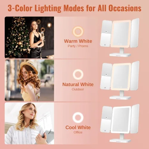Easehold Miroir Triple Pliable 21 LEDS Pour maquillage Rotation 180 ° Avec présentoir blanc