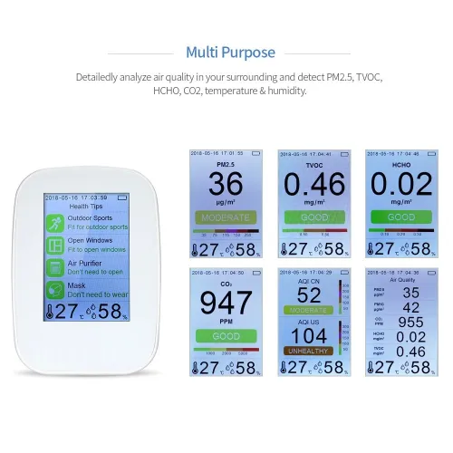 Kkmoon D9 détecteur multifonctionnel de qualité de l'air testeur de gaz CO2, HCHO, TVOC, PM2.5, PM10