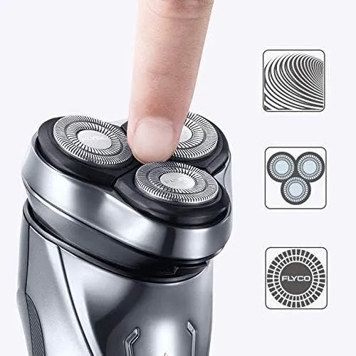 FLYCO Rasoir Electrique Homme, Rechargeable Etanche Technologie Wet&Dry, 3D Têtes Rotatives avec Tondeuse barbe et écran à LED Intelligent pour Adolescent/Adult - FS339EU, Gris Clair