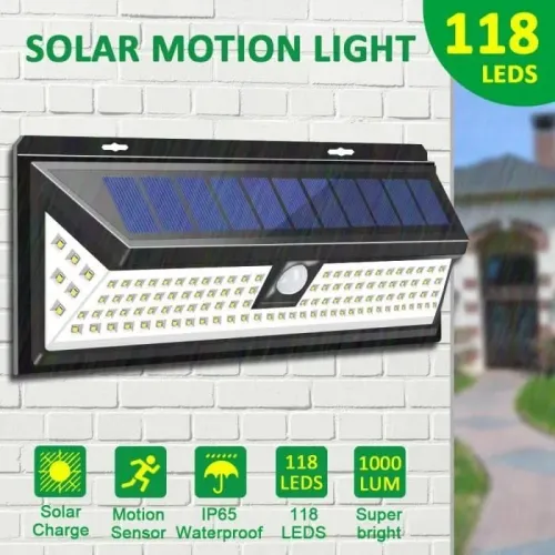 Lampe Solaire Applique Murale 118 LED, Détecteur IP65 Étanche pour Jardin Éclairage Extérieure