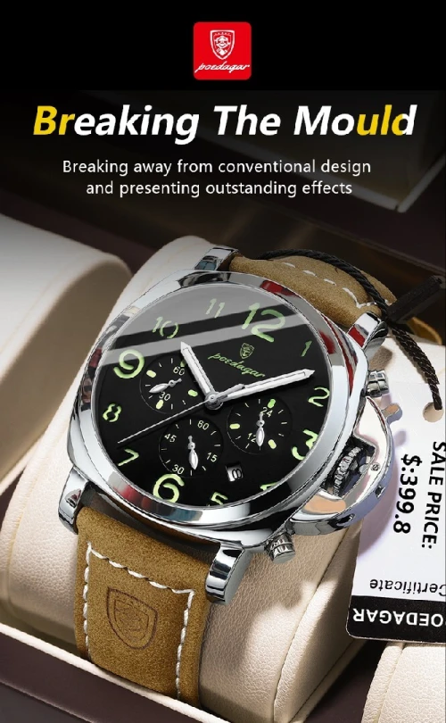 POEDAGAR,  modèles Montre de Luxe Homme, bracelet cuir et acier, Étanche,à Quartz, de Haute qualité