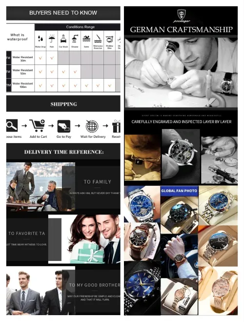 POEDAGAR, Montre de Luxe Homme, bracelet cuir, Étanche,à Quartz, de Haute qualité