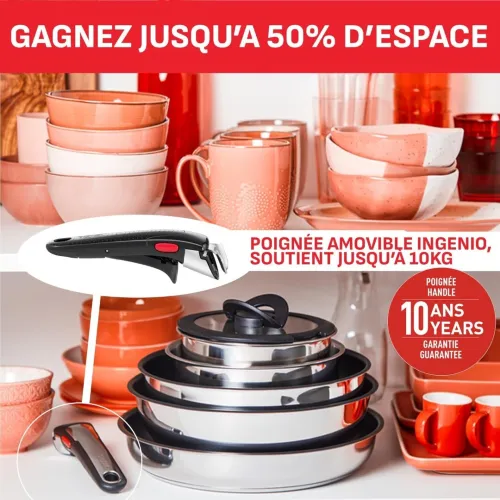 Batterie Tefal Ingenio Emotion, Inox + antiadhésif, Batterie de cuisine 15 pièces, Induction