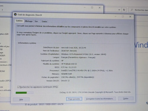 HP PROBOOK 650 G4 /I3 8EME /4G /128 SSD /15.6 +GRAVEUR DVD