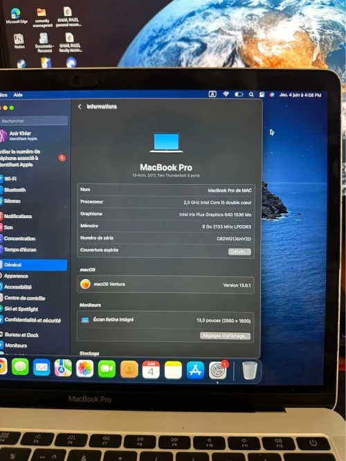 MACBOOK PRO 13" RETINA (MI-2017) CORE I5 2,3 GHZ - SSD 256 GO - 8 GO AZERTY- etat 9/10