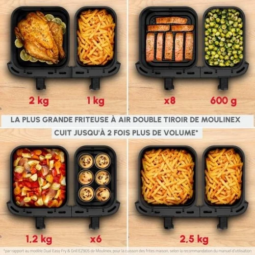 FRITEUSE MOULINEX AIR FRYER DUAL EASY FRY 11L DOUBLE BACS 7 PROGRAMME 2700WATT EZ942HF0