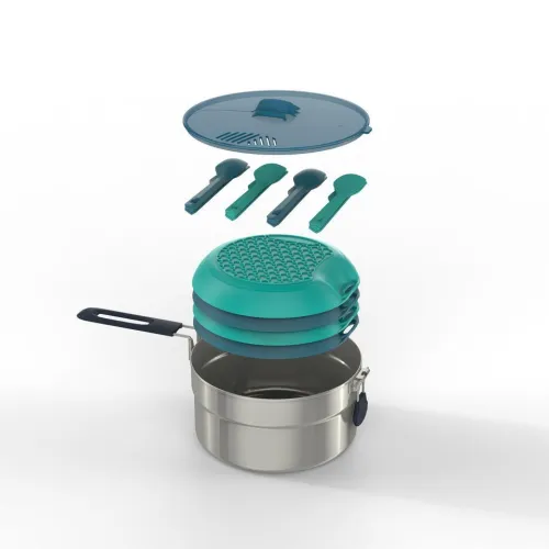 Popote 100 de camping en acier inox - 4 personnes - 18 éléments.