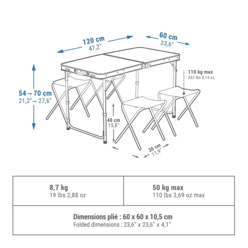 TABLE DE CAMPING AVEC 4 SIÈGES QUECHUA DECATHLON