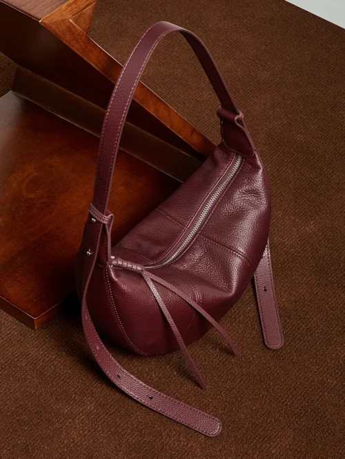 Sac croissant en cuir de vache pleine fleur, style dumpling, nouveau modèle, niche, bandoulière, pratique, couleur unie, cuir souple pour femme