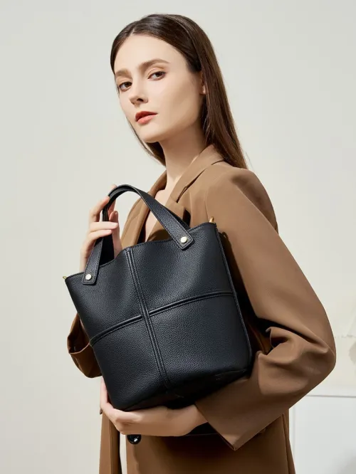 Sac seau cuir de vache pleine fleur style coréen niche nouveau modèle polyvalent grande capacité pour le travail élégant bandoulière