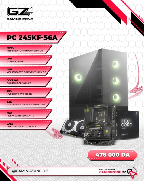 GAMINGZONE CONFIG PC 245KF-56A ULTRA5 245KF - RTX5060TI - B860 TOMAHAWK WIFI D5 - 64GB XPG 4X16GB RGB 6000MHZ - NVME 512GB - 650 WATTS