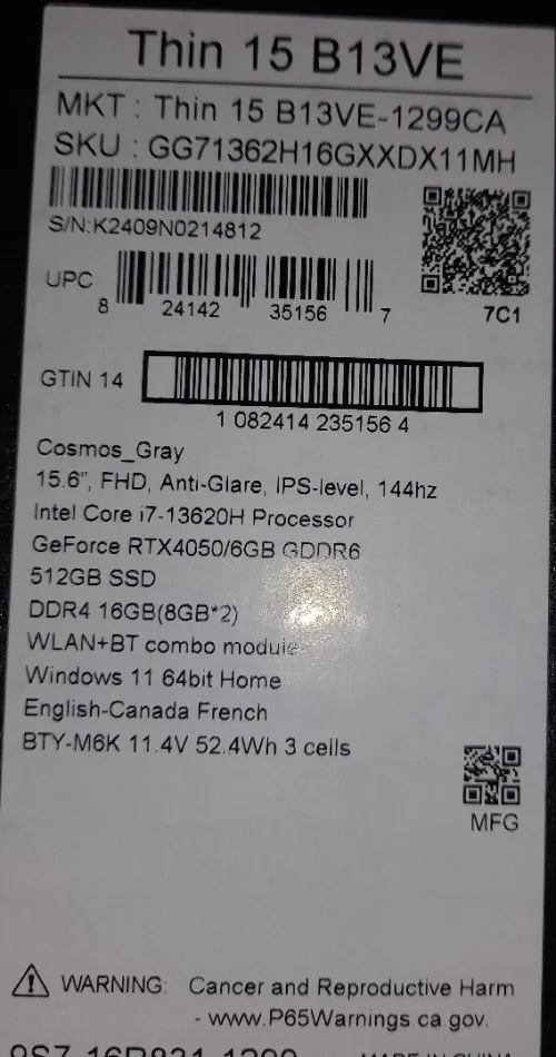 Laptop Gamer MSI i7 13eme 16GO carte graphique RTX 4050512Go SSD 15 pouces
