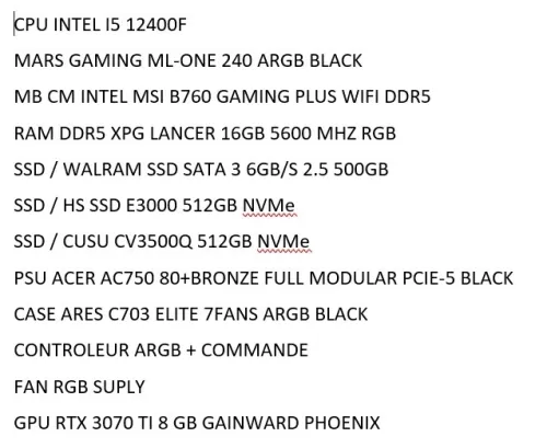 Pc gamer CPU INTEL I5 12400F  MSI B760 GAMING PLUS WIFI DDR5  RTX 3070 TI 8 GB GAINWARD PHOENIX