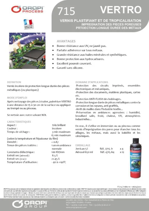 ORAPI VERTRO VERNIS PLASTIFIANT ET DE TROPICALISATION SPRAY