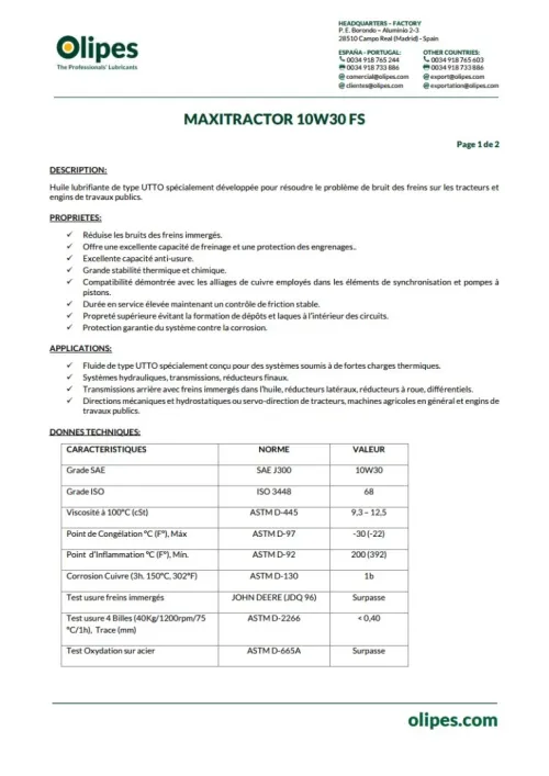 OLIPES Maxitractor 10W30 FS (20L) DISPONIBLE EQUIVALENT 