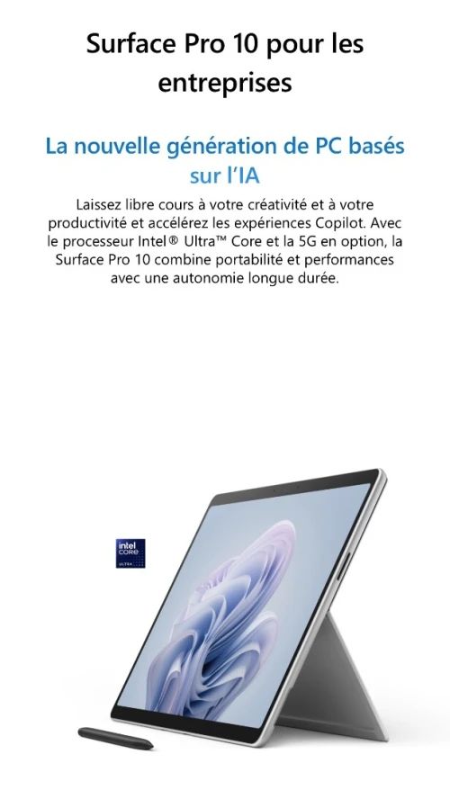 Surface Pro 10 pour les entreprises Microsoft Intel Core Ultra 5 256GB 135U 8GB RAM platinum 