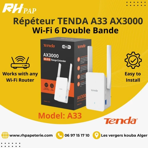 Répéteur TENDA A33 AX3000 Wi-Fi 6 Double Bande 2,4 GHz/5 GHz