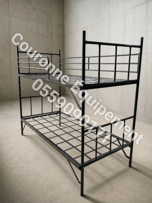 Fabrication de lits superposés haute qualité à pieds métalliques ou en bois, avec équipements complets. تصنيع أسرّة طابقية عالية الجودة بأرجل حديدية أو خشبية مع تجهيزات كاملة
