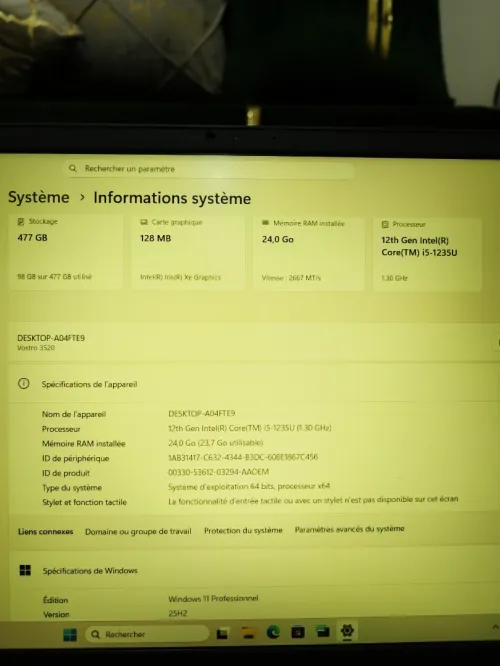 Dell vostro 3520 - i5 1235u / ssd nvme 512g / ram ddr4= 24 go/15.6"