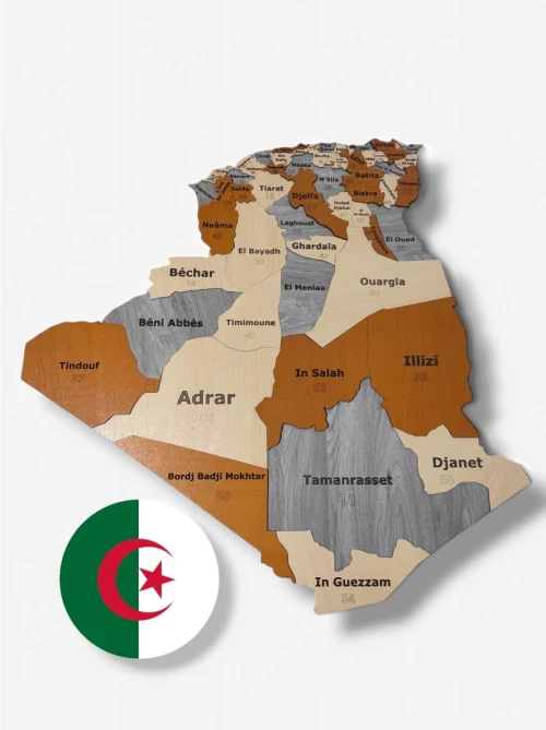 Carte géographique Algérie 3D bois 58 wilayas ou 69