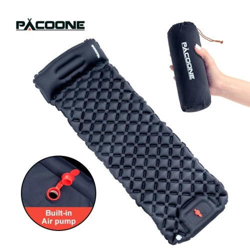 Matelas gonflable 1 place ultraléger PACOONE avec pompe intégrée - 58x190x5cm - 550g - Bleu marine