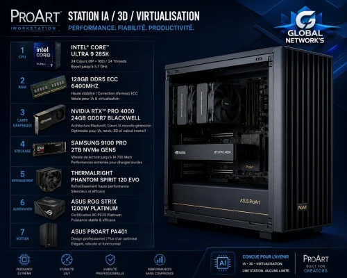Station de travail IA /3D /Virtualisation Ultra9 285k Ram 128gb DDR5 6000 disque Samsung 9100pro 2TB gen5 RTX Pro 4000 24gb Blackwell gddr7