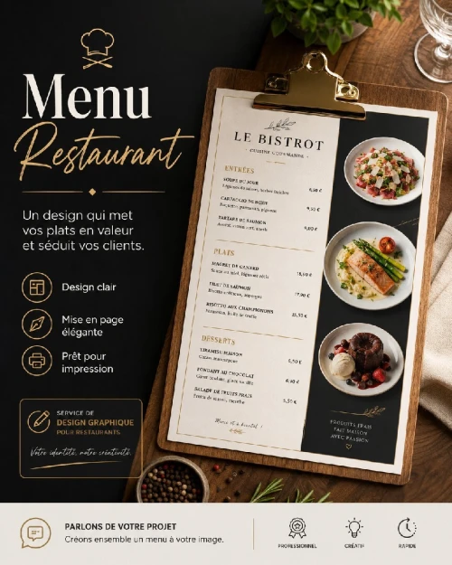 design de menu restaurant, logo, carte de visite, conception et impression
