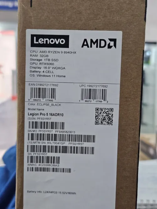 Lenovo Legion Pro 5 16ADR10 RYZEN 9 8940HX DDR5 RAM 32GB / SSD 1TB Nvme / RTX 5060 8GB / ECRAN 16" WQXGA 240HZ