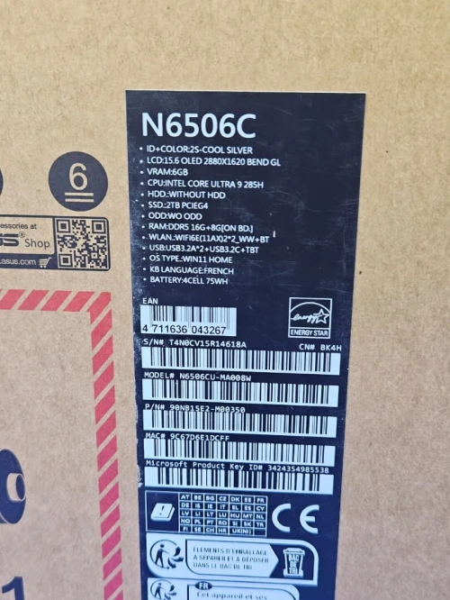 LAPTOP ASUS VIVOBOOK PRO 15 N6506C ULTRA 9-285H DDR5 24GB SSD 2TB RTX 4050 6GB ECRAN 15.6" OLED 3K NEUF SOUS EMBALLAGE