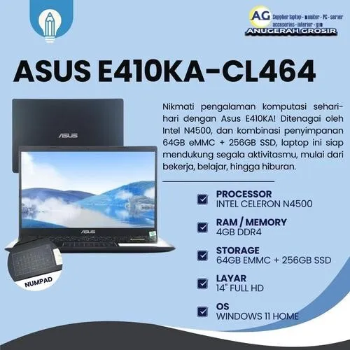 LAPTOP ASUS E410KA CELERON N4500 / DDR4 4GB / HDD 256GB NVME / 14" FHD NEUF SOUS EMBALLAGE