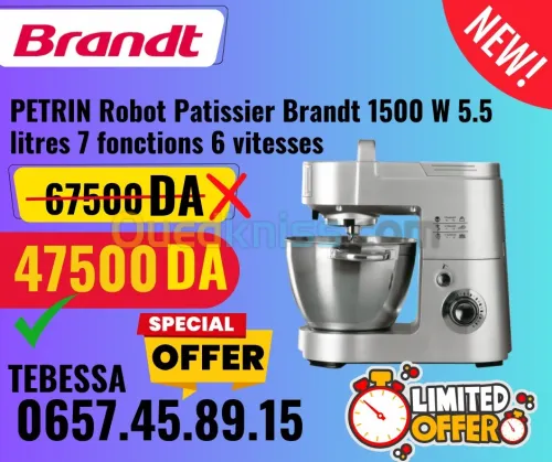 PETRIN Robot Patissier Brandt 1500 W 5.5 litres 7 fonctions 6 vitesses