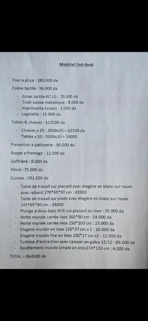 Matériels complets fastfood pizzeria