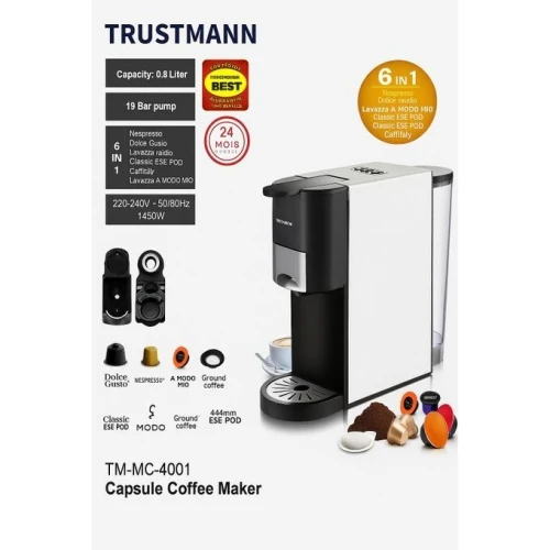 Machine à Café à Capsules Et Poudre TRUSTMANN 6En1, Pompe 19 Bars, 1450W