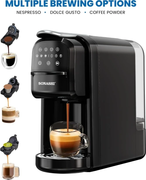 Machine A Café Multi-capsules 3En1, Cafetière 1400 Watt, Panneau De Commande Tactile, Fonction Autonettoyante - Noir