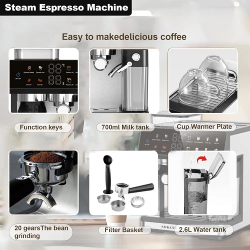 Machine à Café Expresso Automatique 4En1 Avec Broyeur Intégré, 20 Bars 2,6 L, Coffee Grinding, Espresso, Cappuccino, Milk Foam