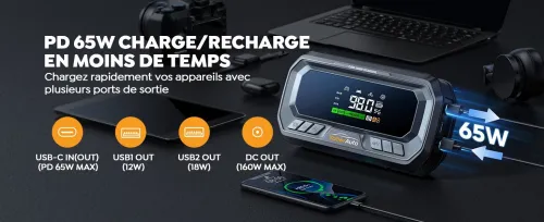 Booster YABER Batterie Voiture 7000A, PD 65W, Compresseur 160PSI, 26800mAh, 600LM LED, Grand Écran