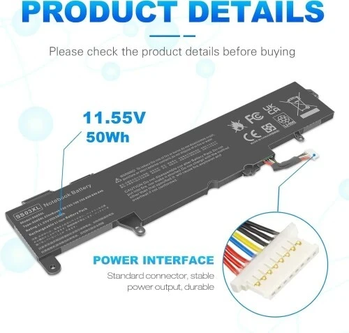 11.55V/50Wh SS03XL Batterie d'ordinateur Portable pour HP EliteBook 730 735 740 745 830 840 846 G5 G6, ZBOOK 14U G5 G6 Series, SS03 SS03XL SS03050XL SS03050XL-PL HSTNN-LB8G