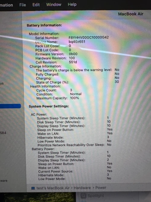 MacBook Air M4 16G 256G SSD batterie 100% cycle 3