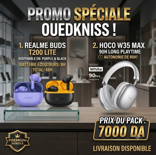 PACK PROMO EARBUDS REALME T200 LITE + CASQUE BLUETOOTH HOCO W35 MAX