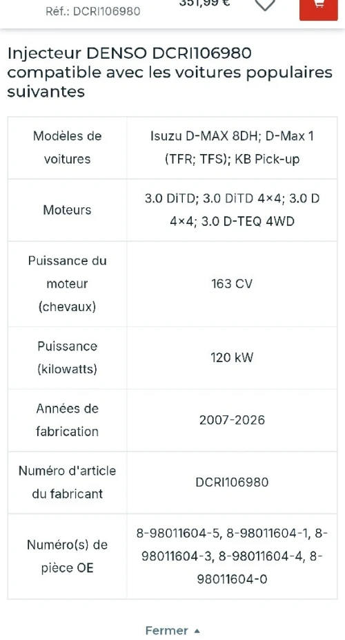 DENSO DCRI106980 Injecteur pour ISUZU D-MAX, KB