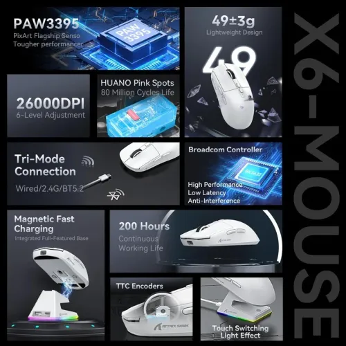 ATTACK SHARK X6 Three Modes Gaming Mouse With Charging Dock