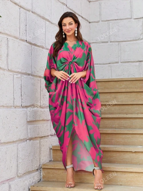 Robe Caftan longue à manches chauve-souris, imprimé floral, modeste.