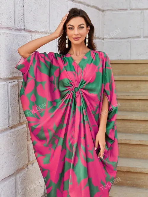 Robe Caftan longue à manches chauve-souris, imprimé floral, modeste.