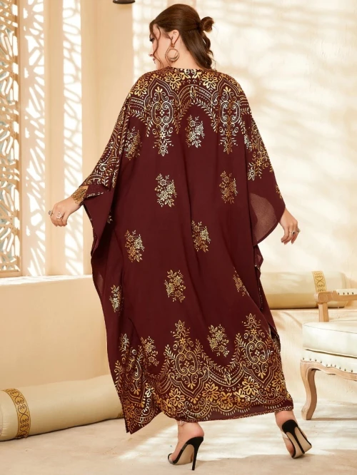 Robe Caftan volute or à imprimé manches chauve-souris