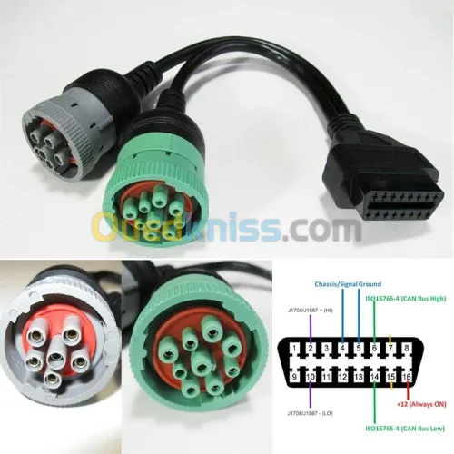 Câble adaptateur OBD2 OBDII 6 broches J1708 ou 9 broches J1939 à 16 broches