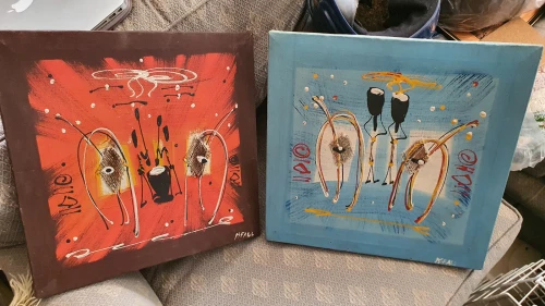 Deux Tableaux toiles et peintures Art africain, Vie de village