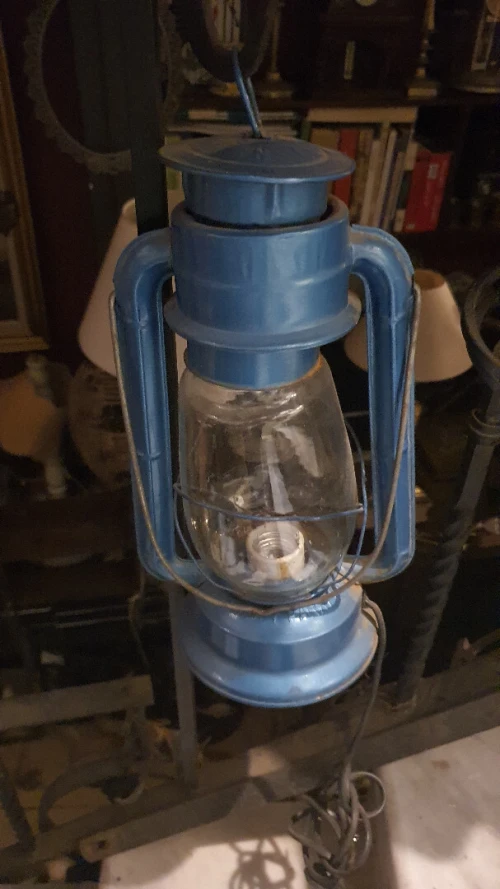 Vintage Lampe tempête à pétrole bleu électrifier douille E27