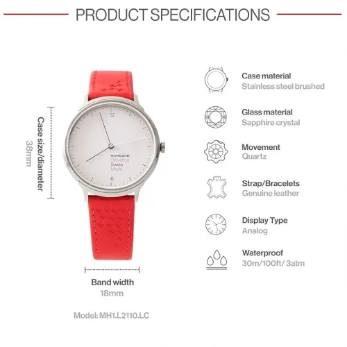 Montre Mondaine Helvetica Light, Montre en Cuir Rouge Original Swiss made  