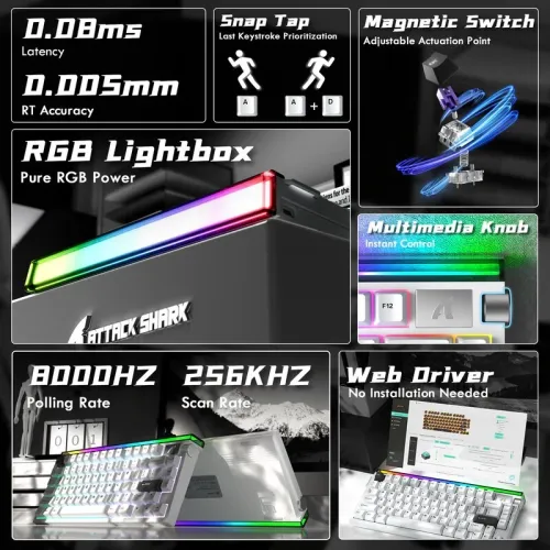 CLAVIER GAMING MÉCANIQUE ATTACK SHARK R85 HE BLANC - RGB Backlit, Magnetic Switches, 79 Keys