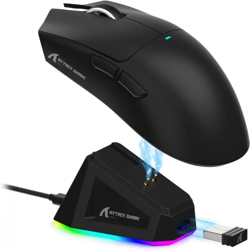 SOURIS GAMING SANS FIL ATTACK SHARK X11 NOIR avec station de charge RGB, triple mode (2,4 GHz/USB-C filaire/BT), 22 000 DPI, capteur optique PAW3311